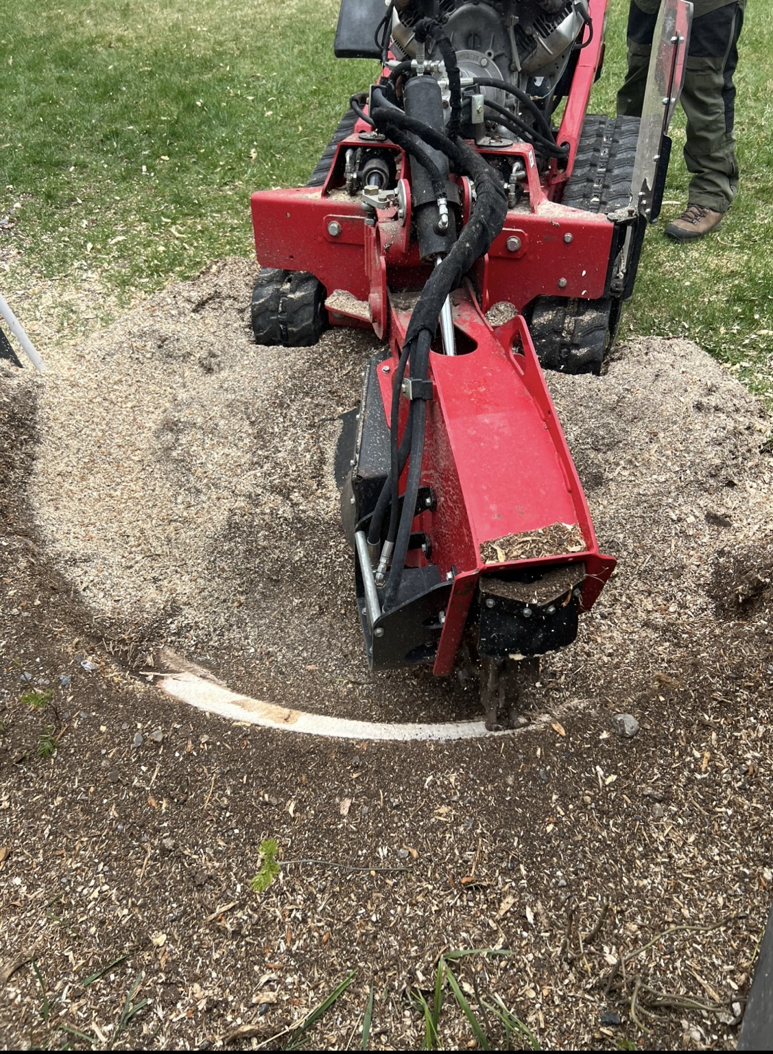 Stump grinding machine removing a stump